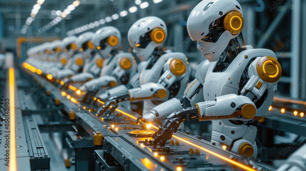 A line of robots are working on a conveyor belt A line of robots are working on a conveyor belt