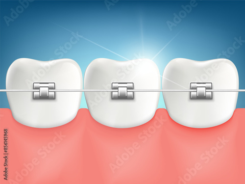 Dental braces on teeth close-up. Stock vector illustration