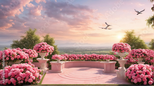 Fototapeta Podium background flower rose product pink 3d spring table beauty stand display nature white. Garden rose floral summer background podium cosmetic valentine Easter field scene gift purple day romantic