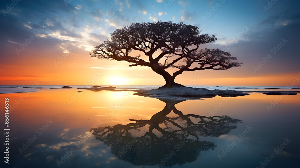 A stunning landscape with a tree reflected in a calm lake at sunset, capturing natural beauty. A stunning landscape with a tree reflected in a calm lake at sunset, capturing natural beauty.
