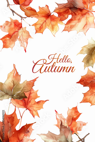 Hello autumn card. Autumnal background with watercolor leaves. Watercolor fall season frame.