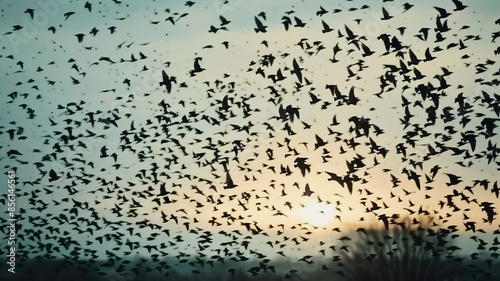 Silhouette of large group of starlings flying, AI Generative.