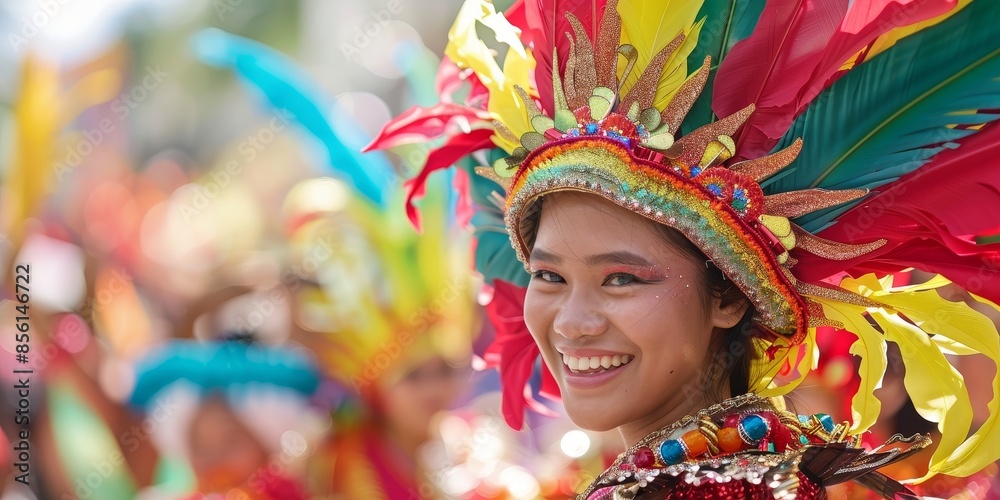 Fototapeta premium A young woman wearing a colorful feathered headdress smiles during a carnival celebration.