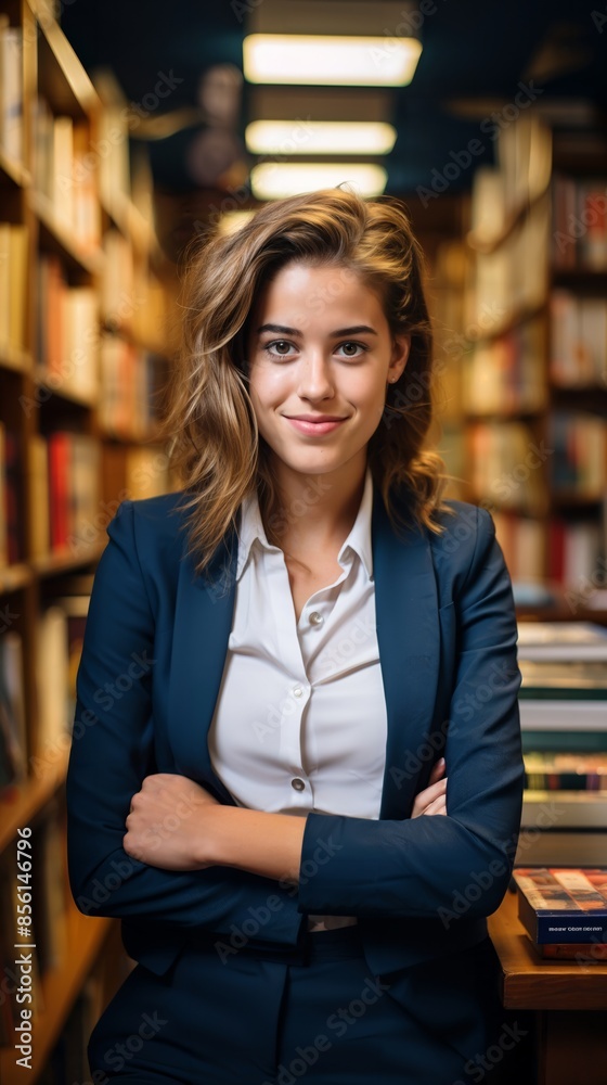 Young female entrepreneur in her bookshop, shelves of books behind, inviting, eye-level perspective Young female entrepreneur in her bookshop, shelves of books behind, inviting, eye-level perspective
