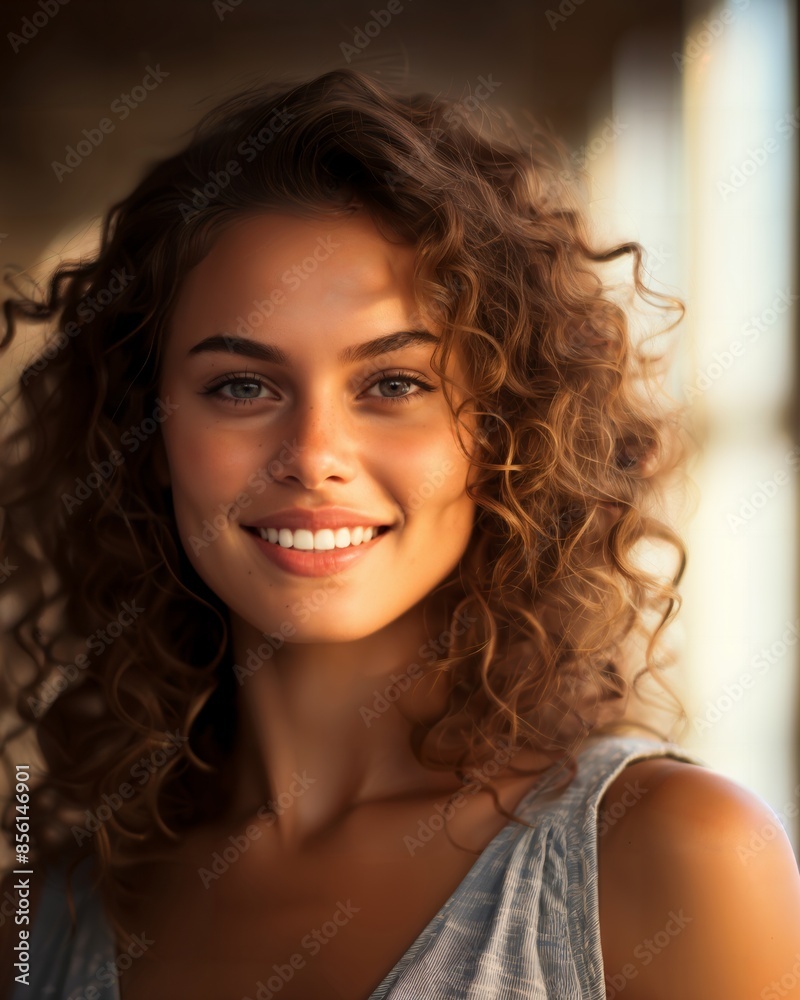 A woman with curly hair, wearing a gray top, smiles brightly in a softly lit indoor setting. A woman with curly hair, wearing a gray top, smiles brightly in a softly lit indoor setting.