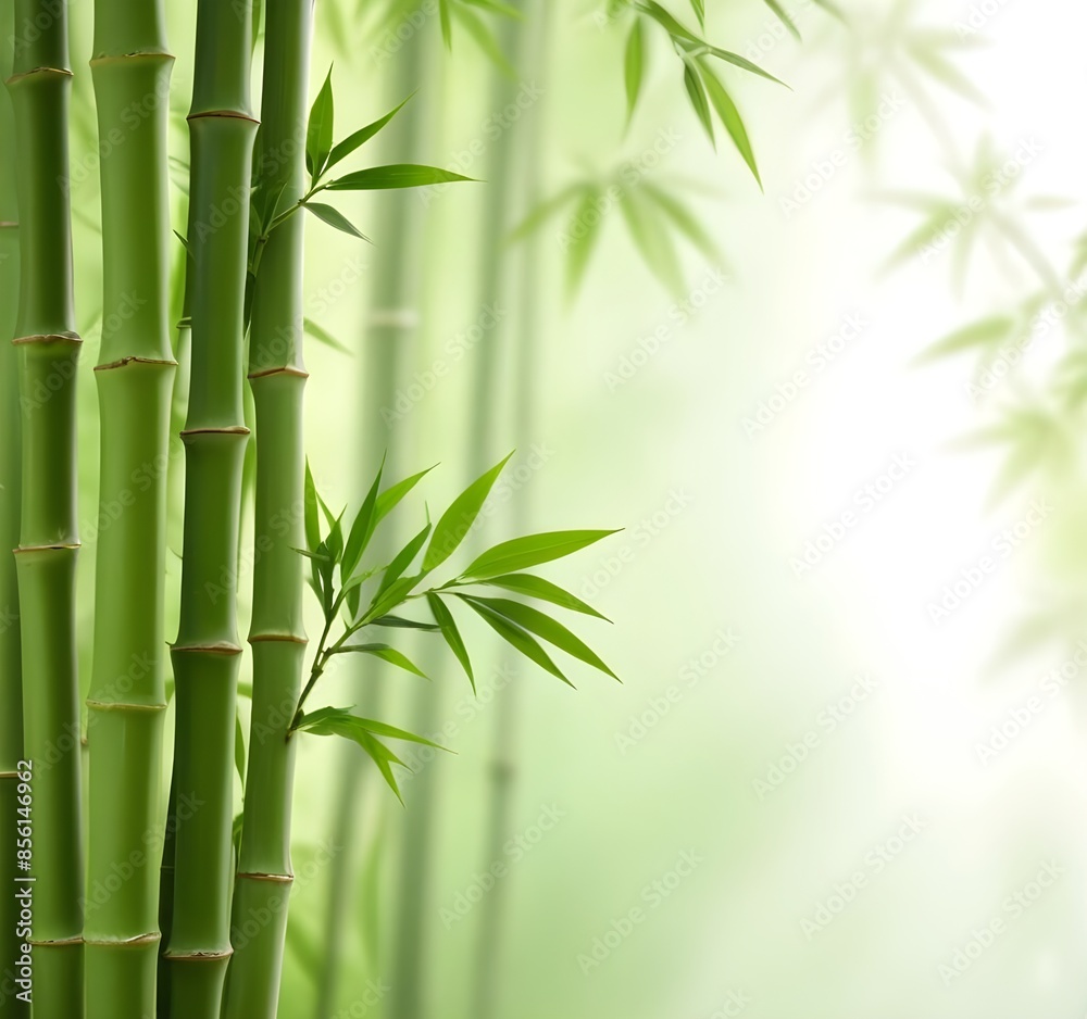 Green bamboo stalks with fresh leaves against a blurred green background with copy space Green bamboo stalks with fresh leaves against a blurred green background with copy space