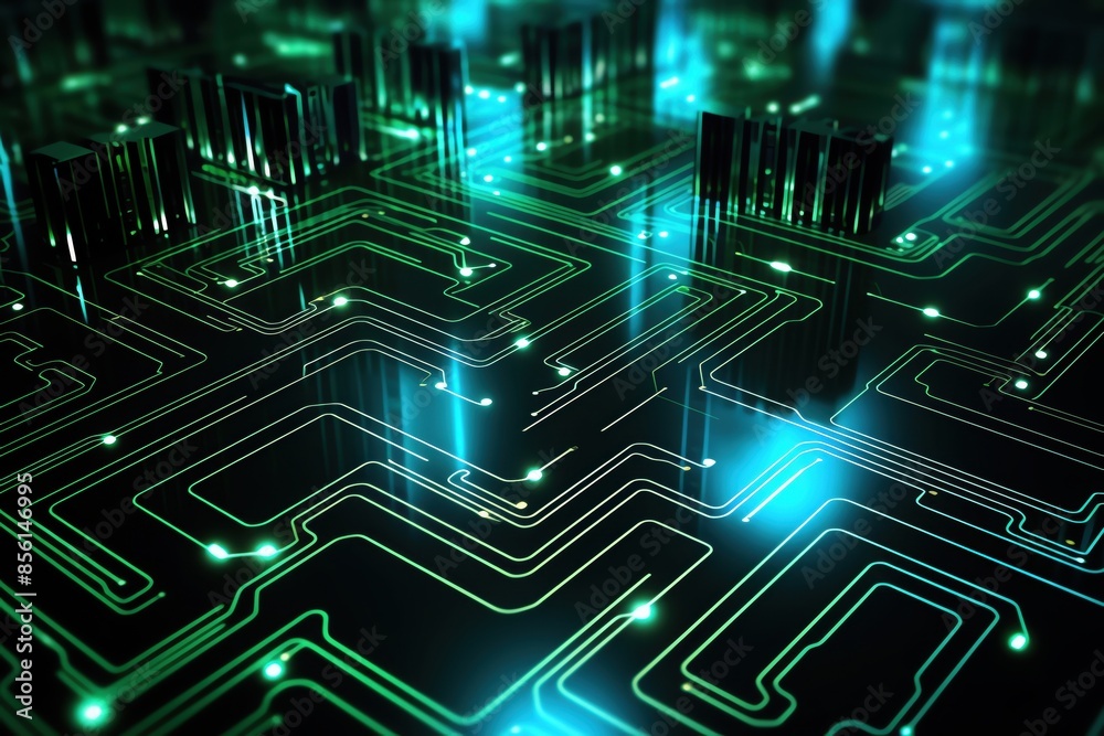 Obraz premium Digital circuit board pattern with glowing green lines, Futuristic, Dark green, Digital, Hightech and detailed
