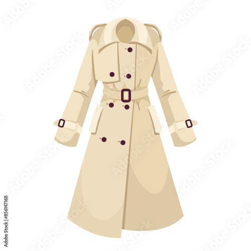 Beige trench coat on white background. Fashion clothing. Vector illustration