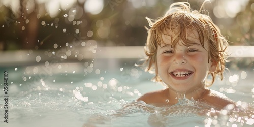 Happy child swimming in pool. Smiling young boy enjoying a swim in a sunny outdoor pool with water droplets captured mid-air. Banner with copy space photo