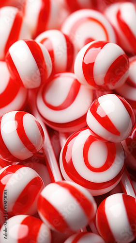 Assorted red and white candies, close up Christmas holiday vertical background