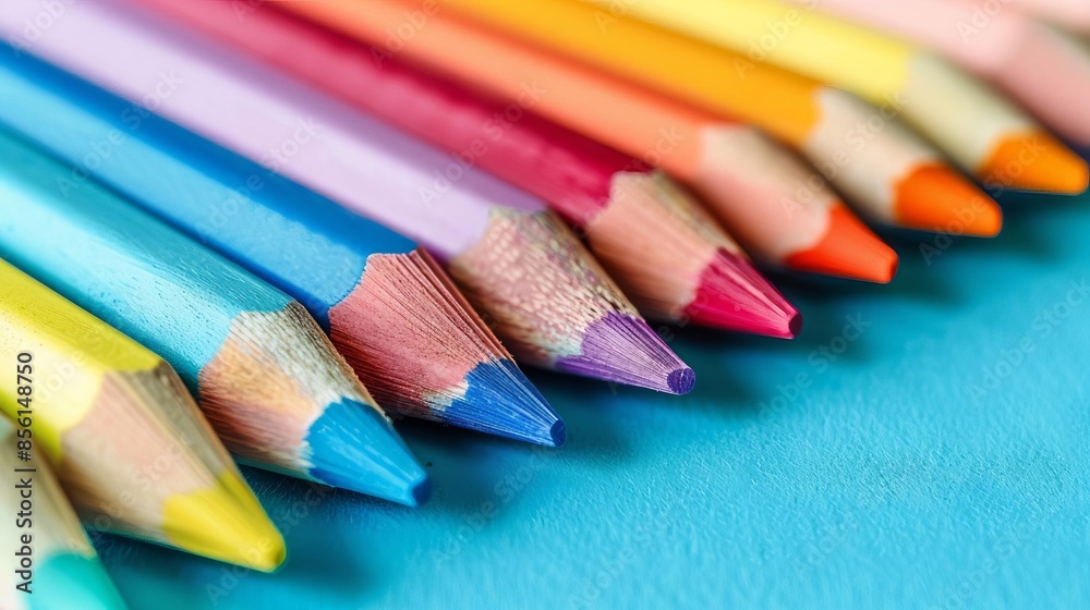 Close-up of colorful pencils lined up on a blue surface, showcasing vibrant hues and sharpened tips, perfect for artistic and educational use. Close-up of colorful pencils lined up on a blue surface, showcasing vibrant hues and sharpened tips, perfect for artistic and educational use.