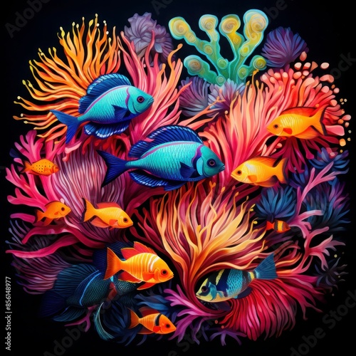 Life in a coral reef. Underwater sea world. Colorful tropical fish. Ecosystem