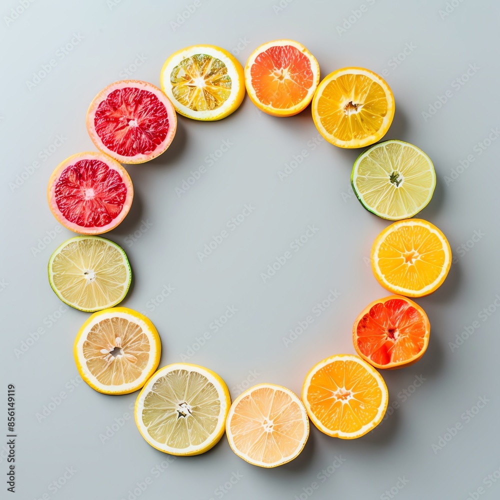 A vibrant arrangement of citrus fruit slices in a circle on a gray background. Includes lemons, limes, grapefruits, and oranges. A vibrant arrangement of citrus fruit slices in a circle on a gray background. Includes lemons, limes, grapefruits, and oranges.