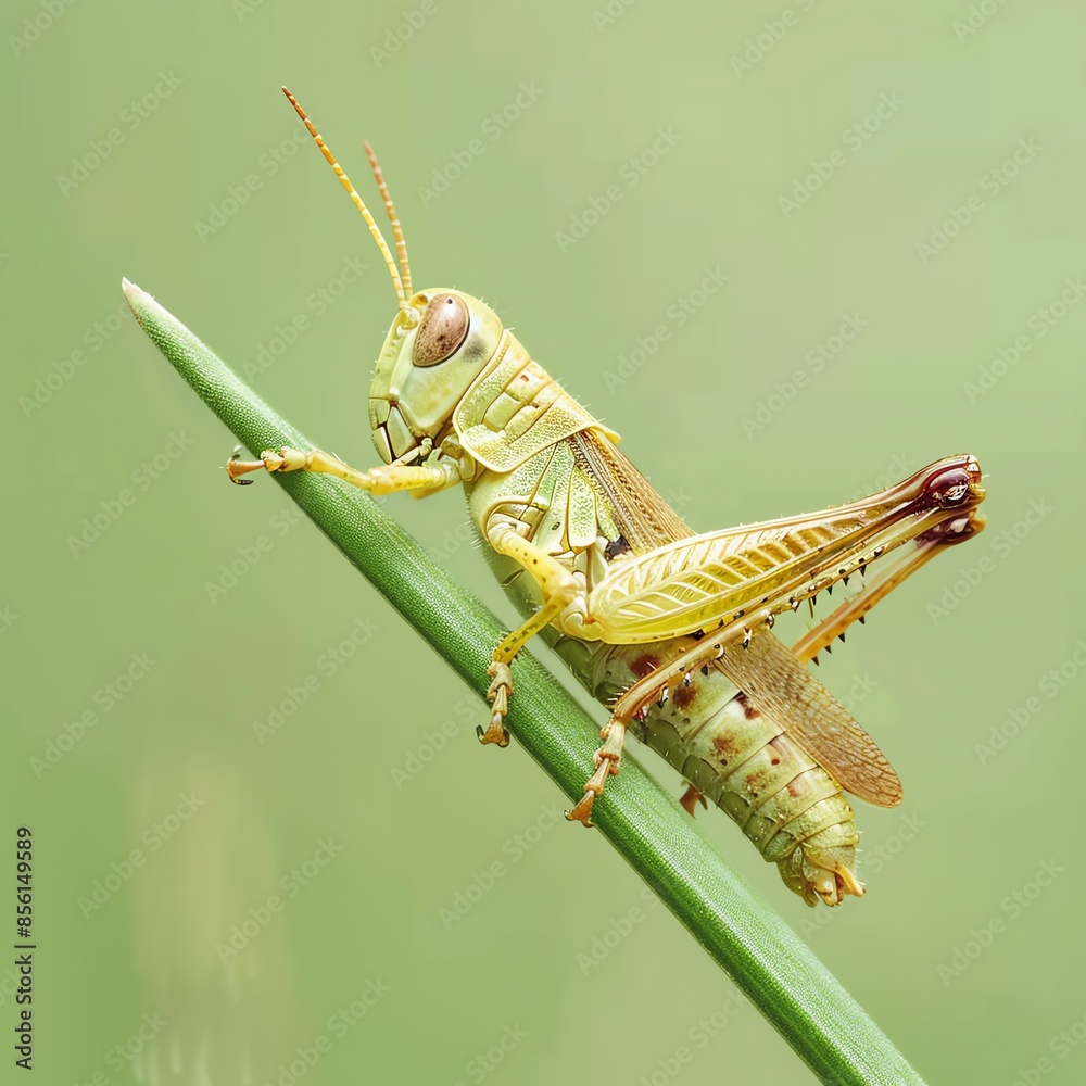 Close-up of vibrant green grasshopper perched on a blade of grass with a soft-focus natural background. Close-up of vibrant green grasshopper perched on a blade of grass with a soft-focus natural background.
