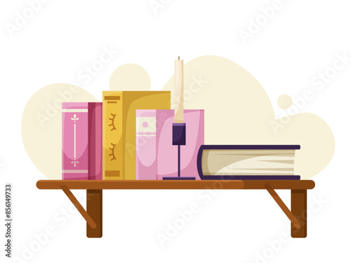 A wooden shelf with books and a candle on a white background. Vector illustration