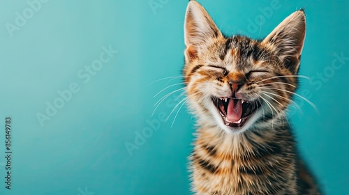 laughing cat on plain blue background, copy space