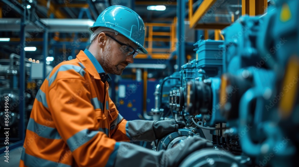 A man in a blue helmet and orange jacket is working on a machine A man in a blue helmet and orange jacket is working on a machine