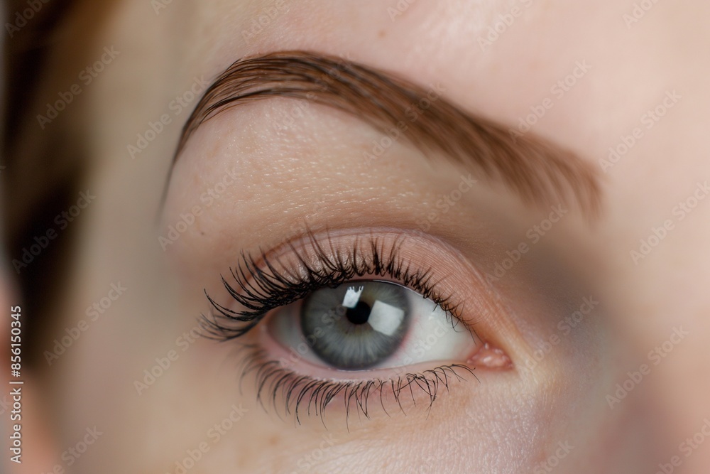 Closeup of woman's eye with natural makeup and groomed eyebrow Closeup of woman's eye with natural makeup and groomed eyebrow