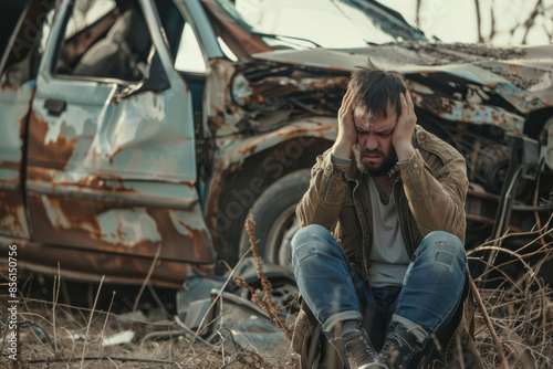 A distressed man sits despairingly near a wrecked car in a desolate area, encapsulating the devastating aftermath of an accident. photo