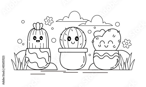 Hand Drawn Kawaii Plant Coloring Book with Cute Expressions Illustration