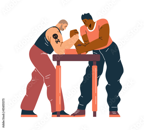 Dynamic vector illustration of arm wrestling competitions: muscular male athletes in full-length sportswear compete