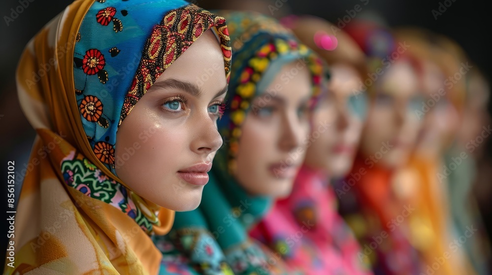 Vibrant portrait of women in colorful headscarves, showcasing diverse cultural beauty and fashion.