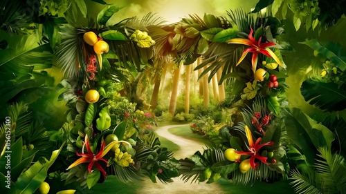 Green Hues Tropical Foliage Frame in a Sunny Path Background