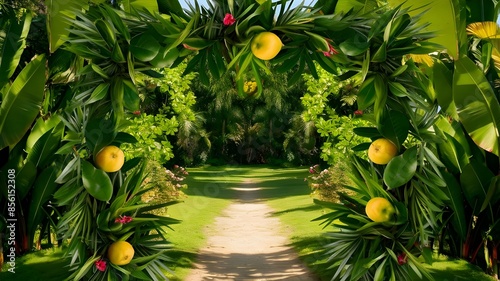 Green Hues Tropical Foliage Frame in a Sunny Path Background