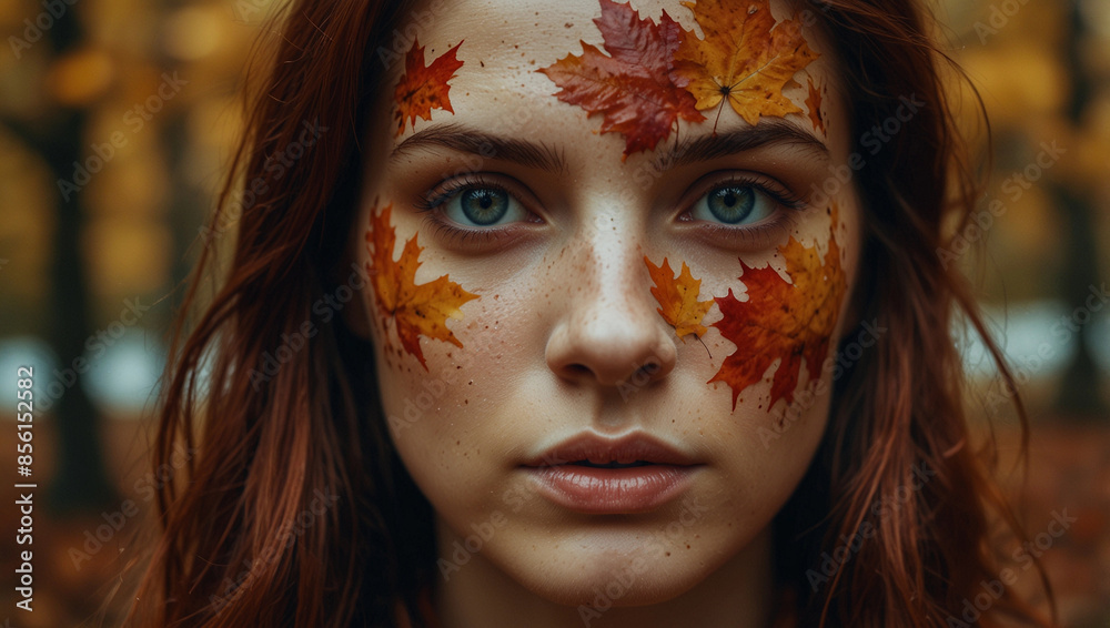 Charming red hair lady walking autumn colorful trees foliage city park Charming red hair lady walking autumn colorful trees foliage city park