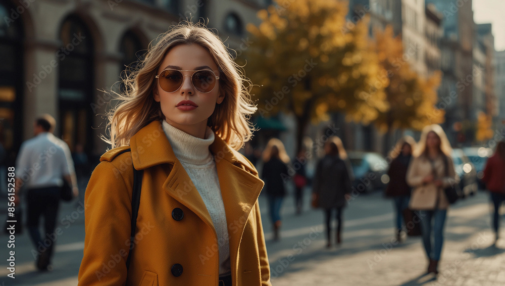 Fototapeta premium Confident businesswoman in coat and sunglasses walking big city busy autumn day, Generative AI