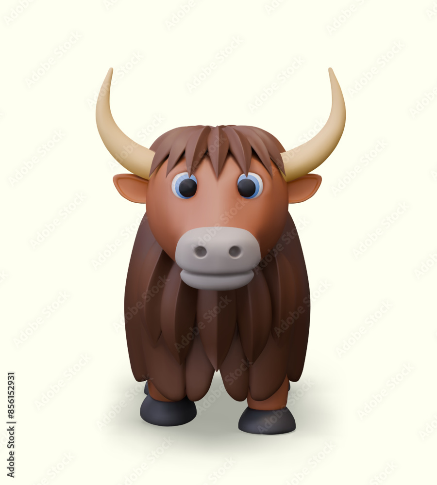 Fototapeta premium Realistic yak, front view. Long horned shaggy bull. Vector wild herbivore