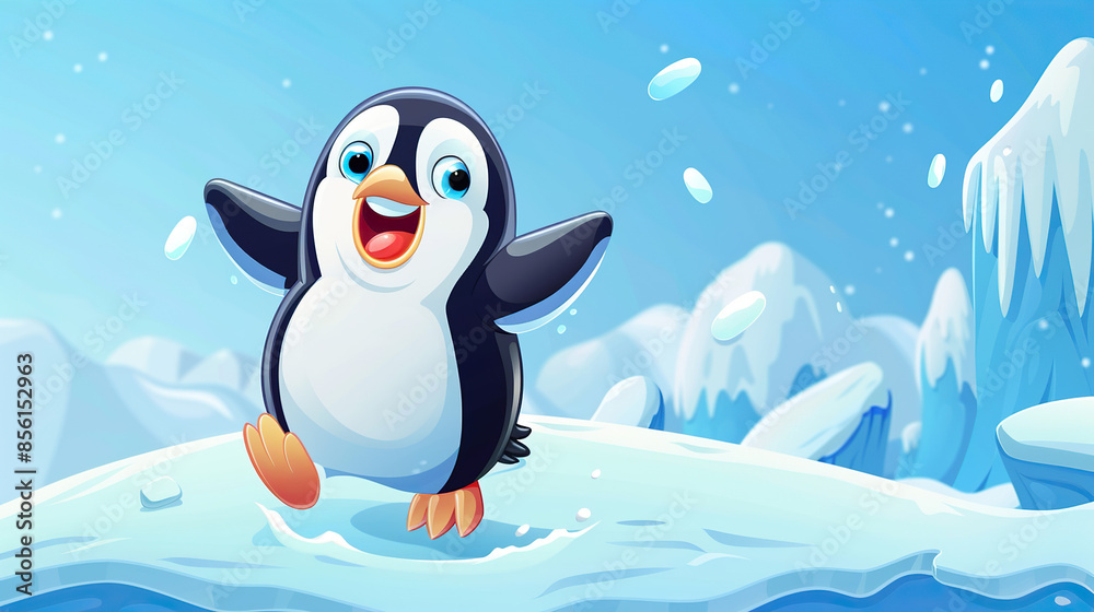 Naklejka premium cartoon penguin standing on ice, surrounded by snow The scene is cute and festive, perfect for a holiday card