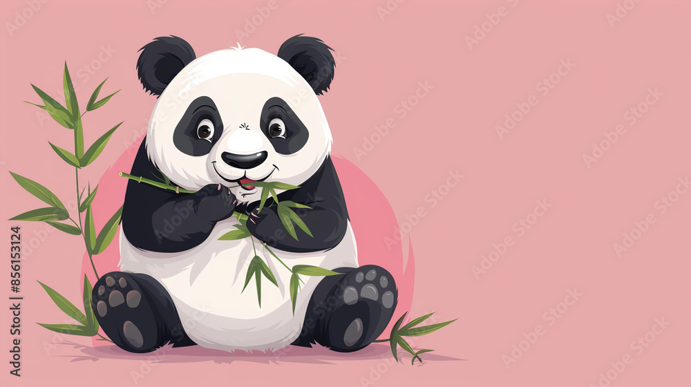 Panda and bamboo cute cartoon illustration of a panda bear on isolate pink background
