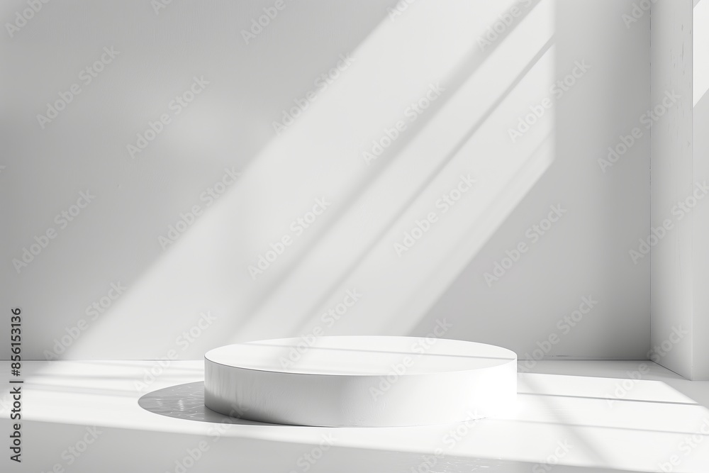 Fototapeta premium Empty white round podium with rays of light. AI generative
