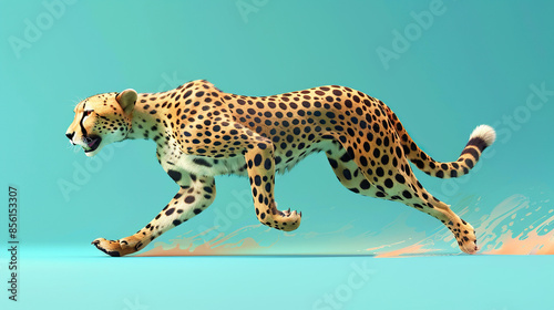 Spunky cartoon cheetah running at top speed on isolate blue background
