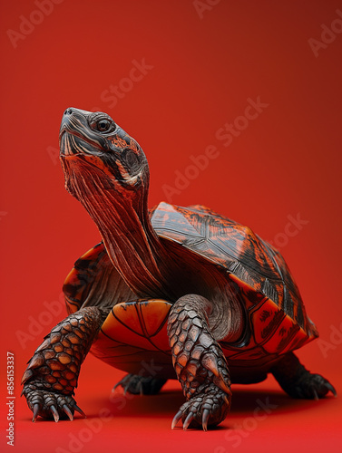 Fotografia realista de uma tartaruga de corpo inteiro, fundo vermelho puro, close-up photo