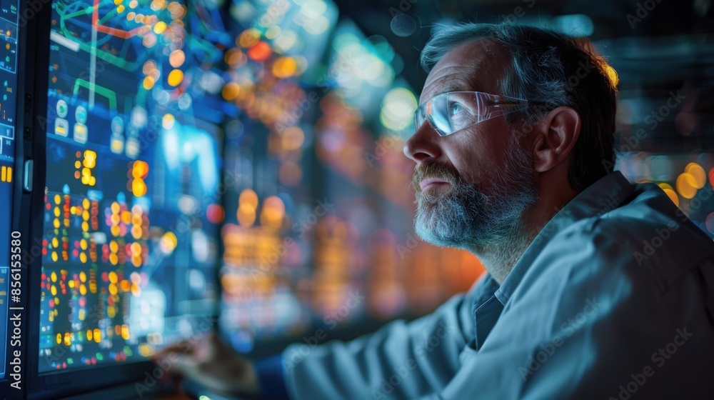 A man wearing glasses is looking at a computer monitor with a lot of numbers A man wearing glasses is looking at a computer monitor with a lot of numbers