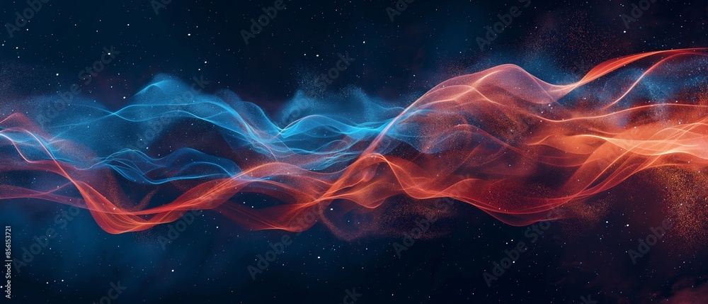 A blue and red wave of light with stars in the background. Digital particles wave and light abstract background