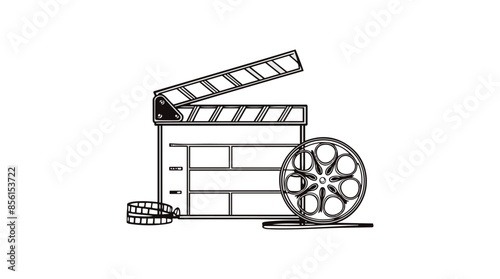 continuous line art drawing of retro old classic movie board clapper and film reel 