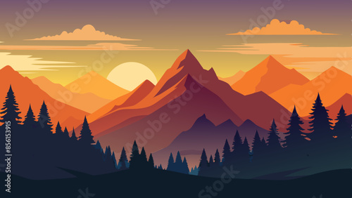 Beautiful vector illustration of sunset over mountains and forests landscape, with warm sun rays
