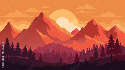 Beautiful vector illustration of sunset over mountains and forests landscape, with warm sun rays