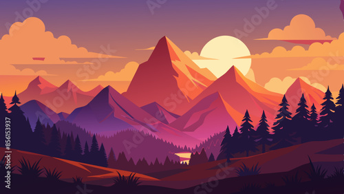 Beautiful vector illustration of sunset over mountains and forests landscape, with warm sun rays
