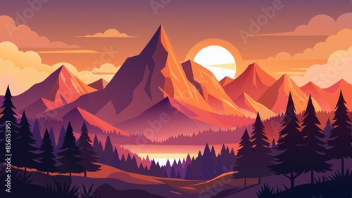 Beautiful vector illustration of sunset over mountains and forests landscape, with warm sun rays