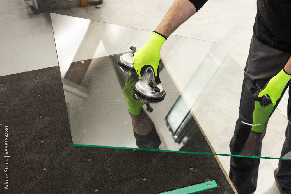 A glazier lifts the glass in the factory using a special glass suction cup.