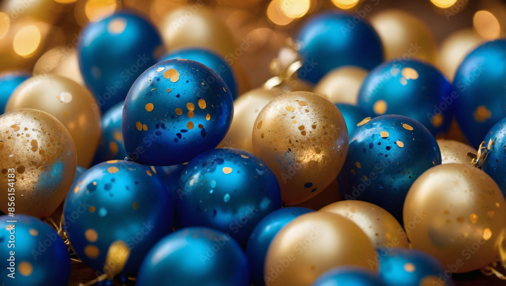 Festive background, golden and blue balloons, falling confetti, bokeh lights. Festive background, golden and blue balloons, falling confetti, bokeh lights.