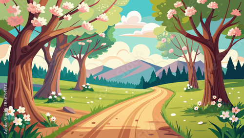 A dirt road winds through a picturesque landscape, lined with towering trees and adorned with white flowers vector illustration 