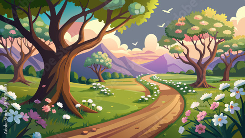 A dirt road winds through a picturesque landscape, lined with towering trees and adorned with white flowers vector illustration 
