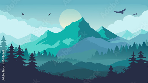 A misty forest landscape with birds flying over the mountains, depicted with cloud illustrations © Sumondesigner_42