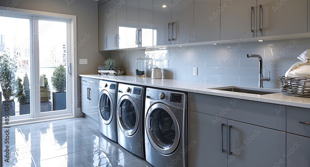 A contemporary laundry room with grey cabinets, stainless steel appliances, and a deep stainless steel sink, designed for efficiency and style. Generative AI. A contemporary laundry room with grey cabinets, stainless steel appliances, and a deep stainless steel sink, designed for efficiency and style. Generative AI.