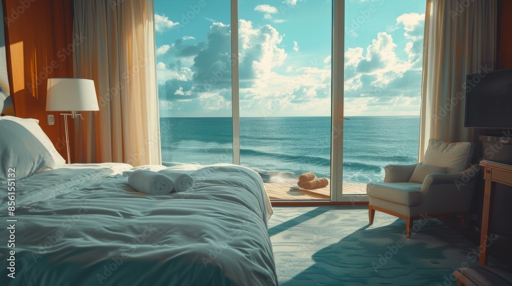 photo of a hotel room with a view of the ocean with palm trees and the beach. photo of a hotel room with a view of the ocean with palm trees and the beach.